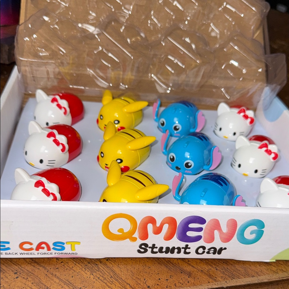 Set of 12 Pull-Back Action Figures - Stitch , Pikachu and Hello Kitty.